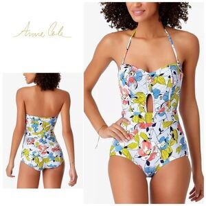 Ann Cole blue quilted floral swimsuit. NWT